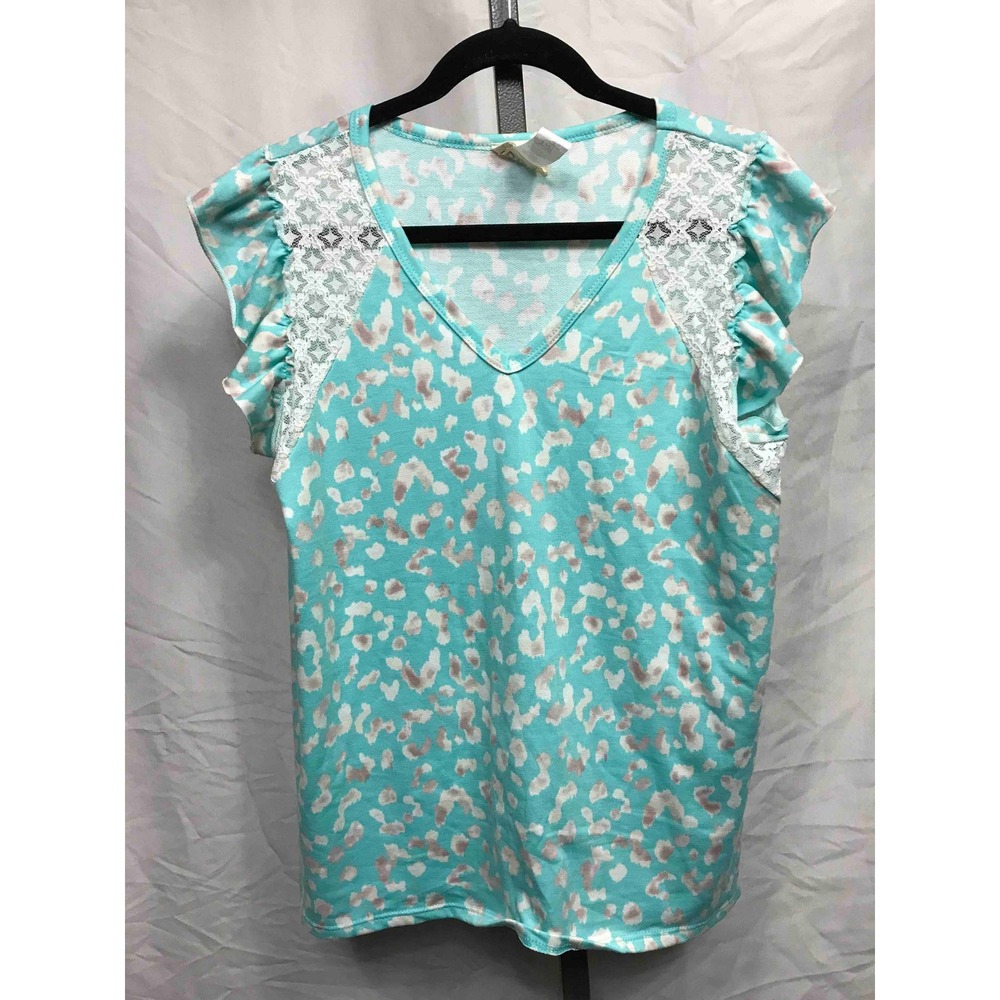 BiB!‎ Women's Turquoise Leopard Print Lace Flutter Sleeve V Neck Top Size Large